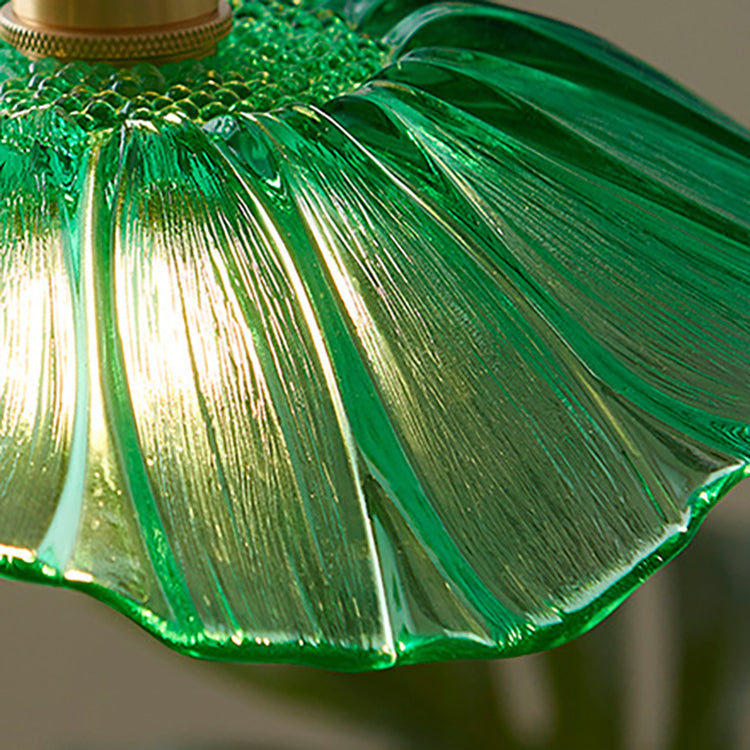 Traditional Vintage Brass Lotus Leaf Glass Shade 1-Light Pendant Light For Living Room