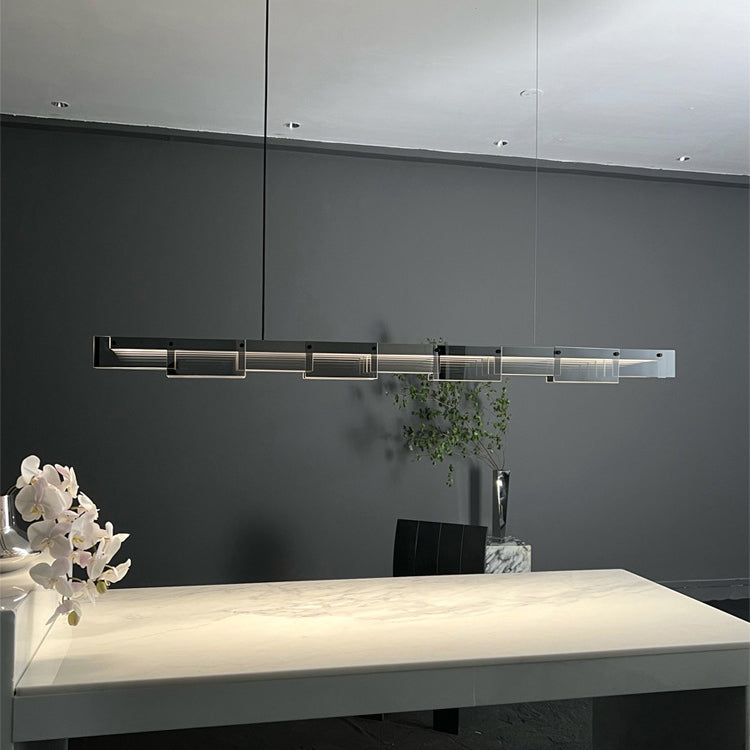 ثريا جزيرة LED طويلة من الزجاج النحاسي بتصميم عصري بسيط لغرفة المعيشة