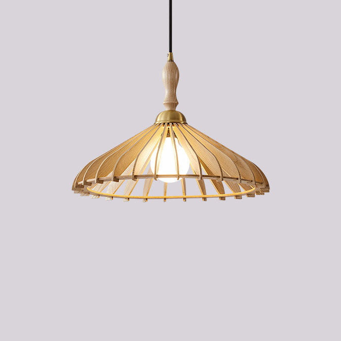 Traditional Japanese Umbrella Ash Wood Copper 1-Light Pendant Light For Bedroom