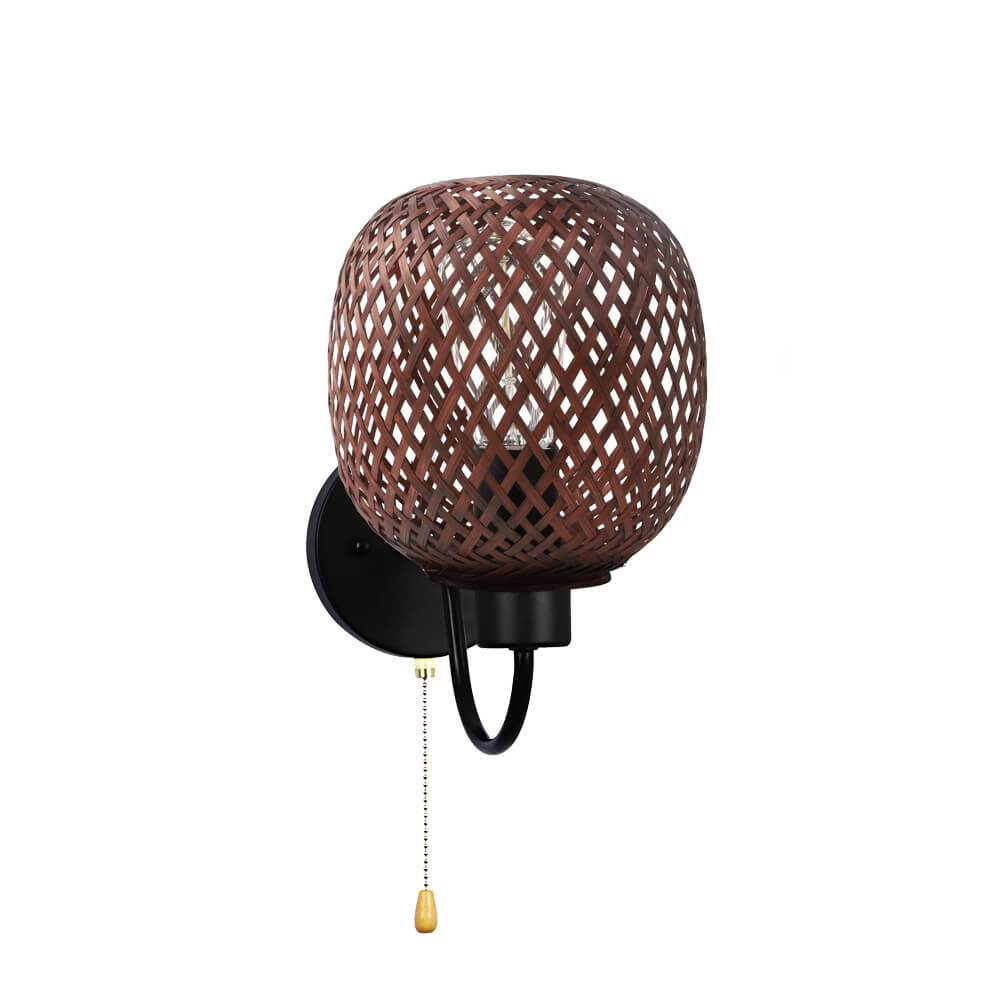 Traditional Chinese Iron Bamboo Woven Cage 1-Light Wall Sconce Lamp For Living Room