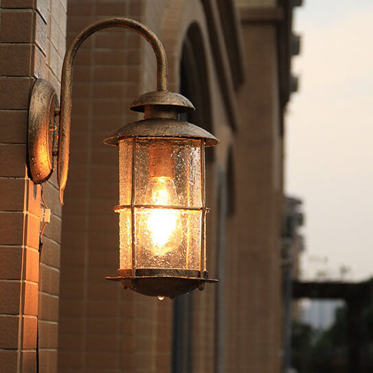 European Industrial Vintage Waterproof Outdoor Iron Glass 1-Light Wall Sconce Lamp