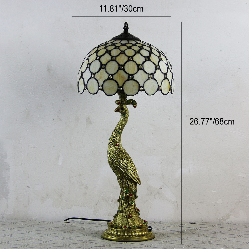 Vintage Tiffany Peacock Gem Dome Glass Resin 1-Light Table Lamp
