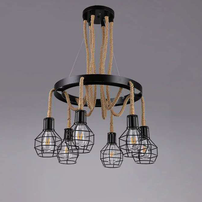 Traditional Rustic Hemp Rope Weaving Iron Cage 6/8-Light Chandelier For Dining Room