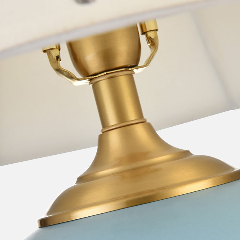 Traditional Chinese Plum Blossom Cylindrical Copper Ceramic Fabric 1-Light Table Lamp For Bedroom