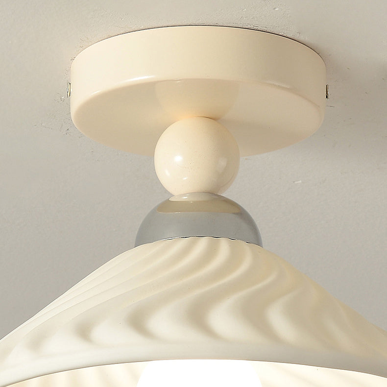 Contemporary Scandinavian Cream Ceramic Geometric Round Shade 1-Light Semi-Flush Mount Ceiling Light For Living Room