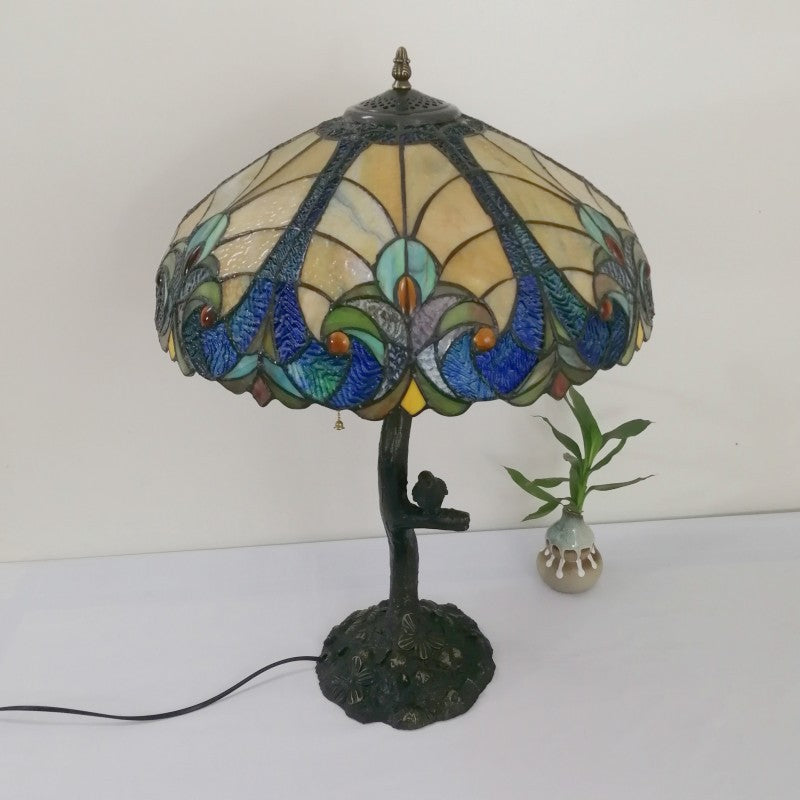 Traditional Tiffany Flower Stained Glass Resin Base 2-Light Table Lamp For Living Room