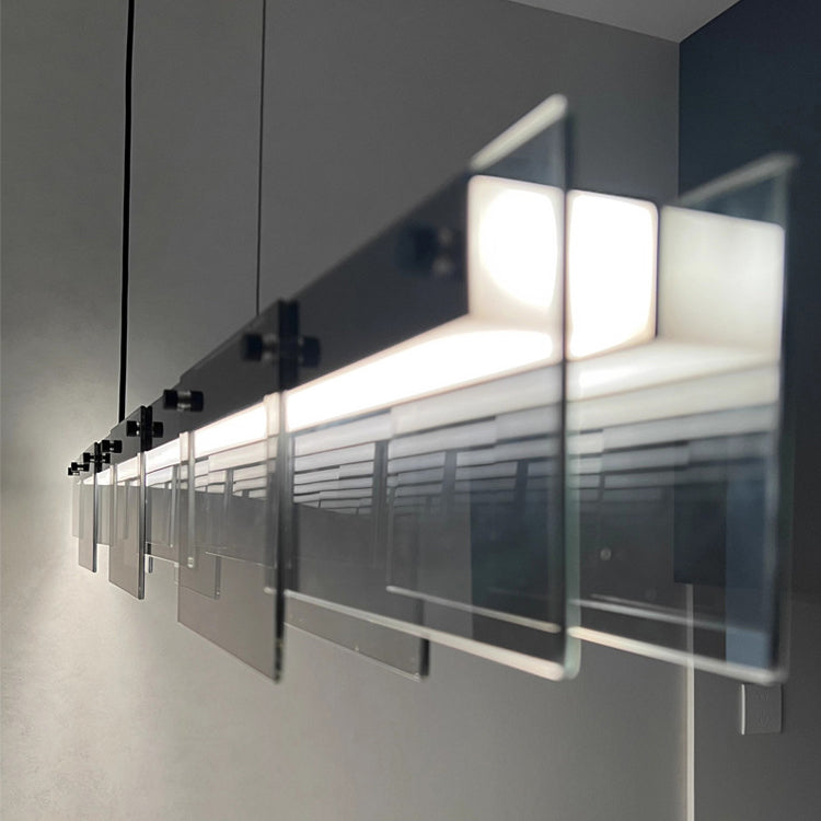 ثريا جزيرة LED طويلة من الزجاج النحاسي بتصميم عصري بسيط لغرفة المعيشة