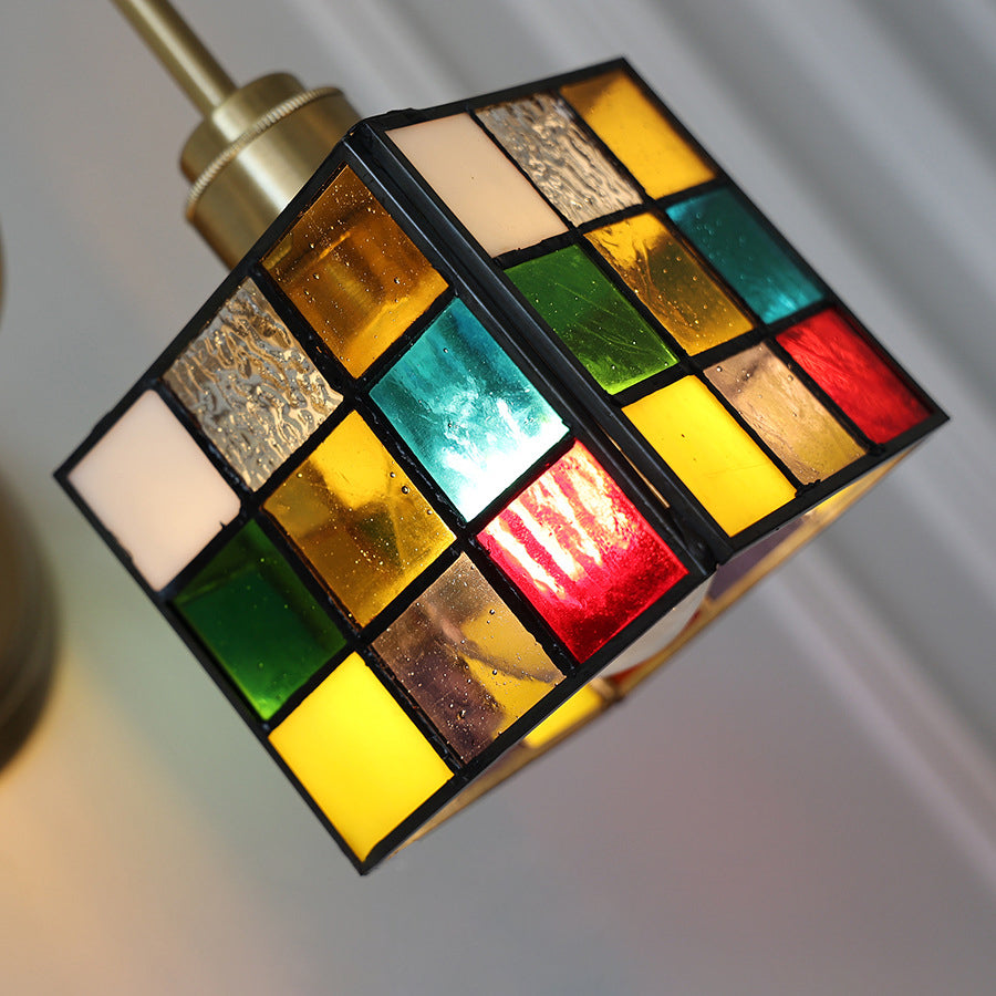 Traditional Vintage Square Rubik's Cube Tulip Brass Glass 1-Light Wall Sconce Lamp For Living Room