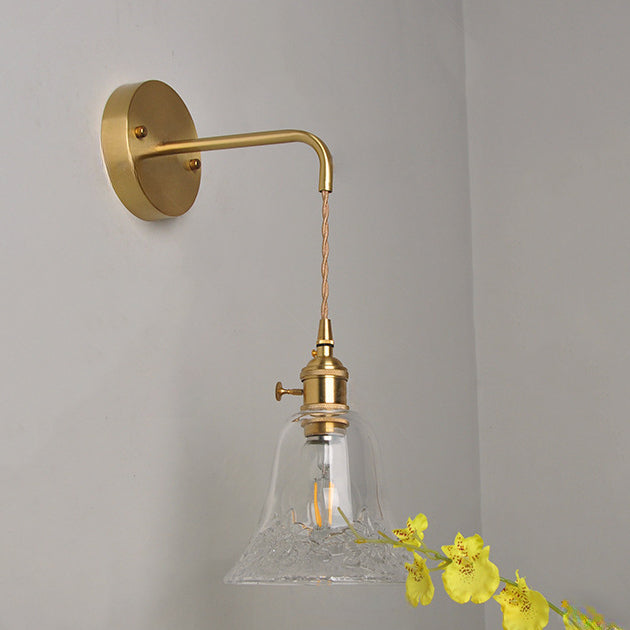 Traditional Vintage Brass Trumpet Glass Shade 1-Light Wall Sconce Lamp For Bedroom