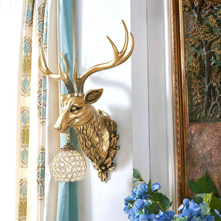 European Retro Deer Head Resin 1-Light Wall Sconce Lamp