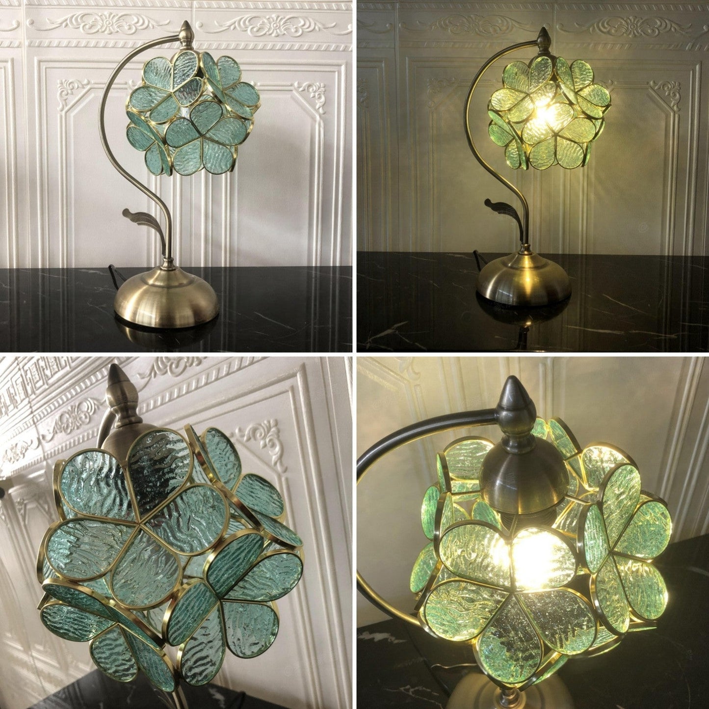 Traditional Vintage Flower Hydrangea Brass Metal Glass 1-Light Table Lamp For Bedroom