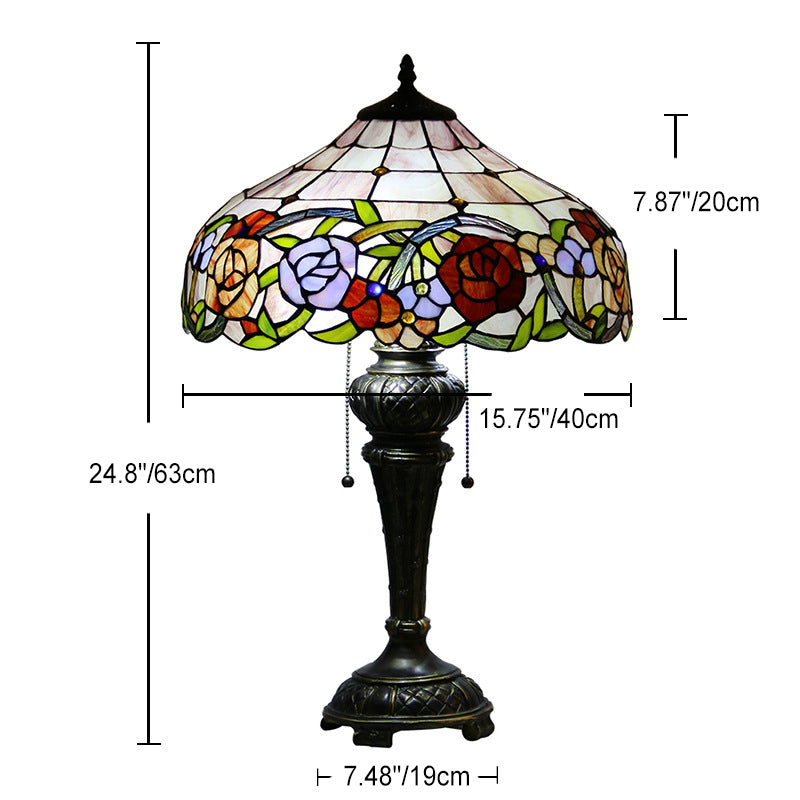 Traditional Tiffany Resin Glass Dome Hemispheric Flower 2-Light Table Lamp For Bedside