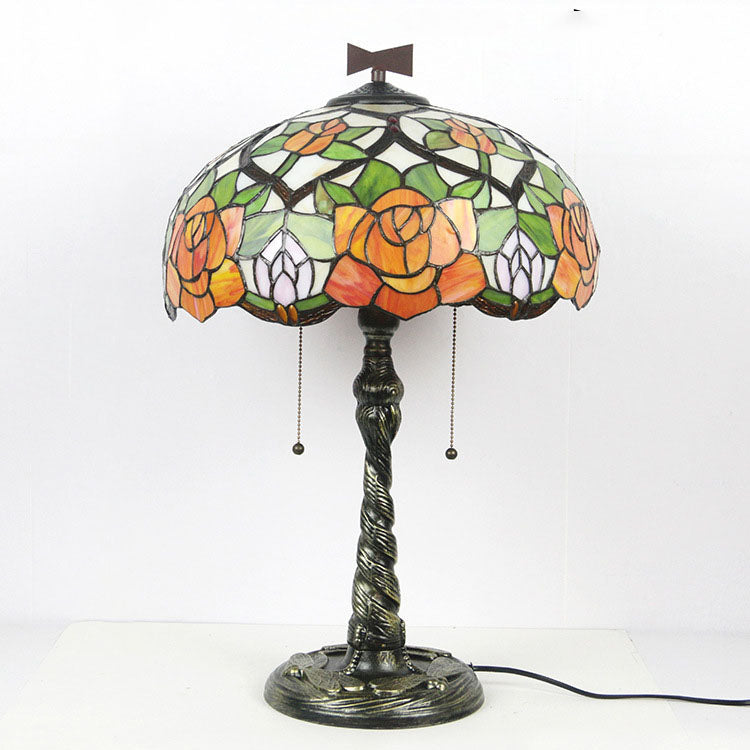 Traditional Tiffany Rose Dragonfly Stained Glass Dome 2-Light Table Lamp For Study