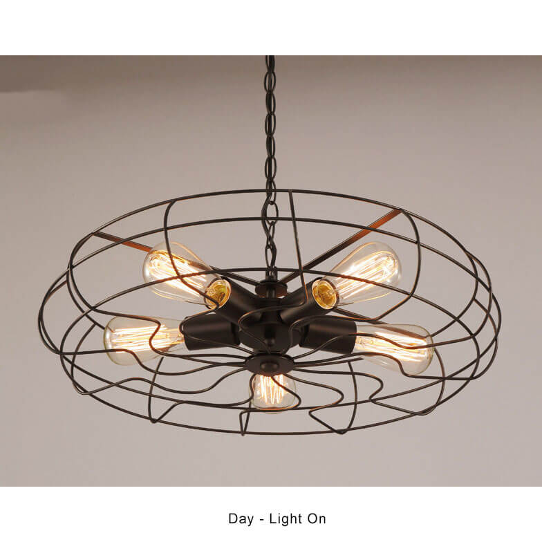 Retro Wrought Iron 5-Light Openwork Fan Cage Drum Chandeliers
