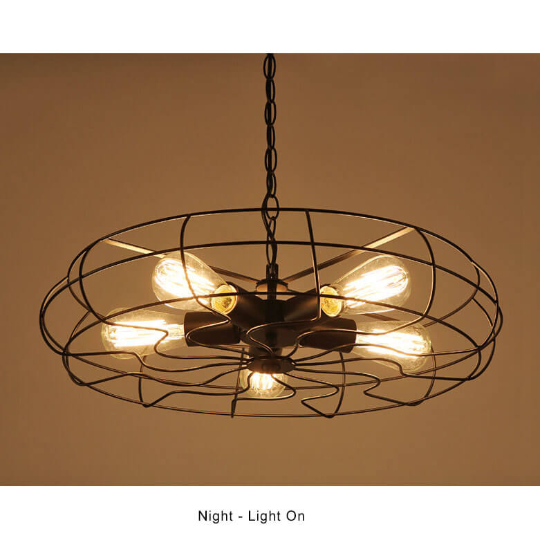 Retro Wrought Iron 5-Light Openwork Fan Cage Drum Chandeliers
