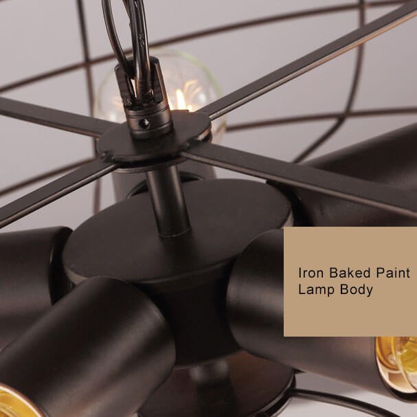 Retro Wrought Iron 5-Light Openwork Fan Cage Drum Chandeliers