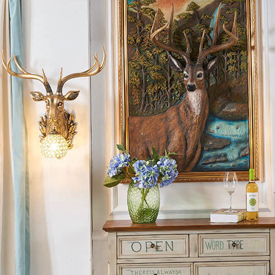 European Retro Deer Head Resin 1-Light Wall Sconce Lamp