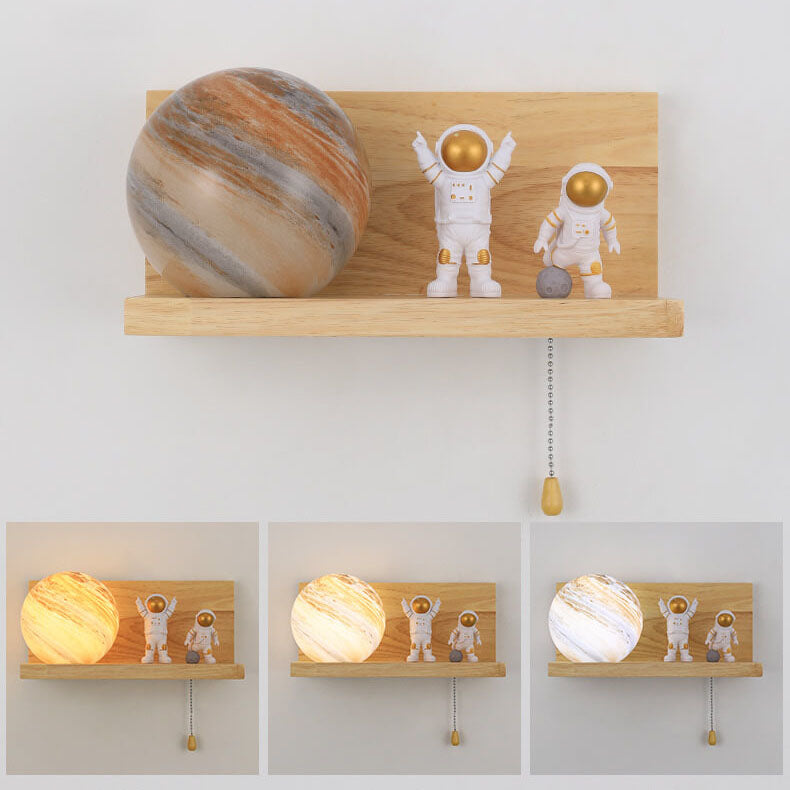 Modern Creative Planet Glass Solid Wood Square Base 1-Light Wall Sconce Lamp