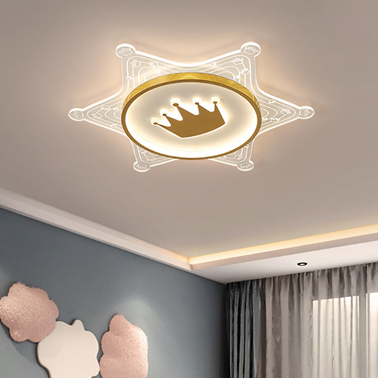 Modern Art Deco Crown Round Pentagon Acrylic Iron LED Flush Mount Ceiling Light For Living Room