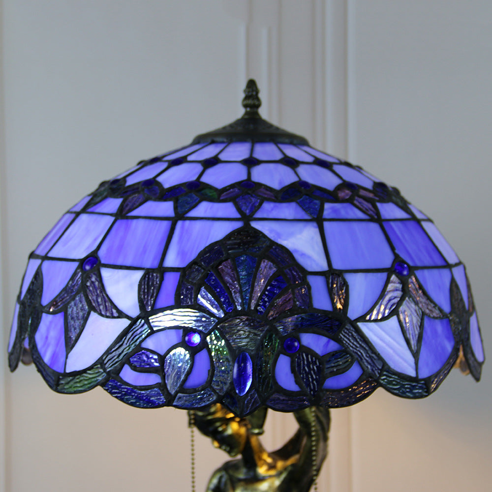 Traditional Tiffany Resin Glass Dome Grape Cow Diamond Pretty Woman Base 2-Light Table Lamp For Bedside
