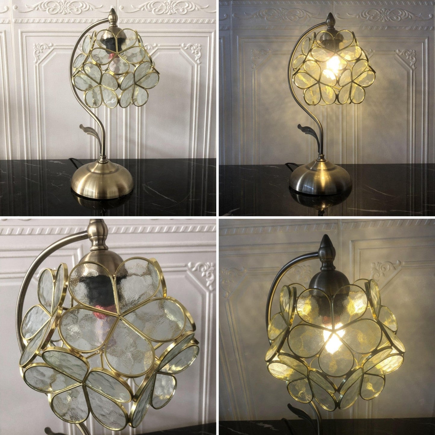 Traditional Vintage Flower Hydrangea Brass Metal Glass 1-Light Table Lamp For Bedroom