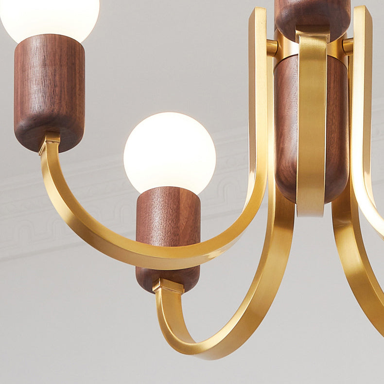 Contemporary Vintage Curved Rod Cylinder Candlestick Shape Copper Wood 3/4/5 Light Chandelier For Living Room
