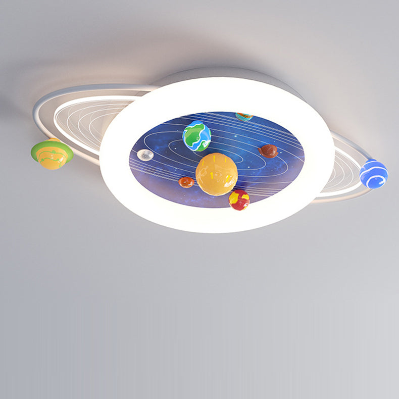 Modern Minimalist Children Round Planet Iron Resin Acrylic LED Flush Mount Ceiling Light For Bedroom