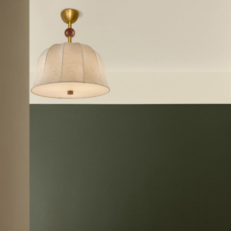 مصباح سقف دائري من خشب الرماد بغطاء من القماش المطبوع الفرنسي التقليدي، مزود بإضاءة واحدة، وتركيب شبه مسطح، لغرفة المعيشة