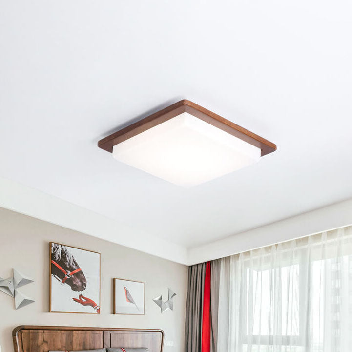 Modern Chinese Walnut Square LED Flush Mount Ceiling Light