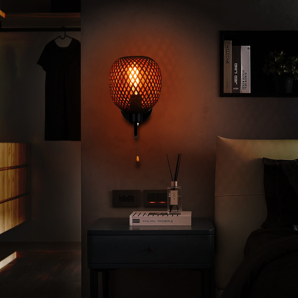 Traditional Chinese Iron Bamboo Woven Cage 1-Light Wall Sconce Lamp For Living Room