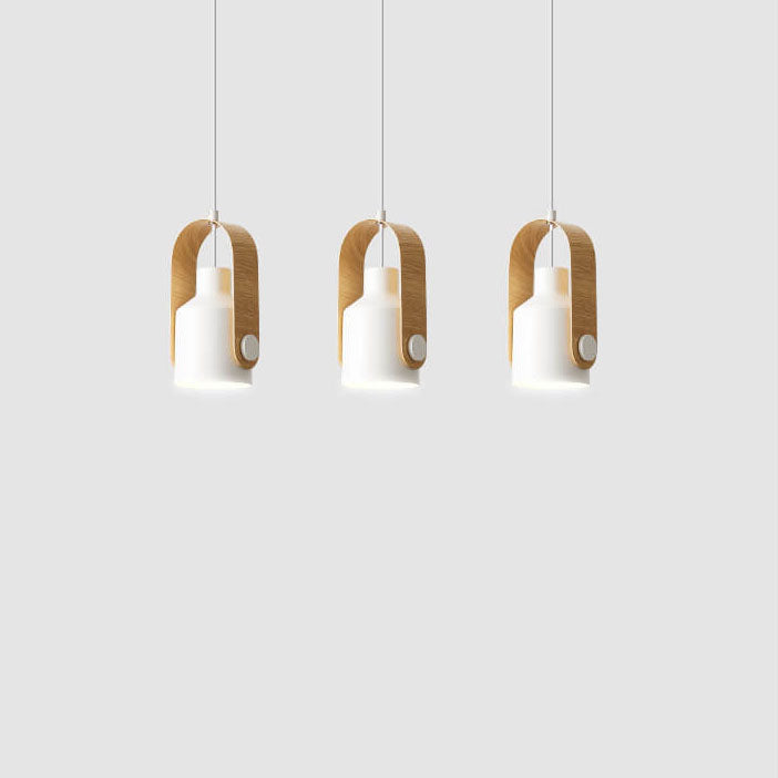 Contemporary Scandinavian Cylindrical Wooden Iron 1-Light Pendant Light For Bedroom