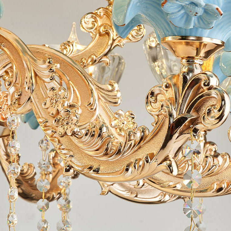 Traditional European Flower Candelabra Zinc Alloy Crystal Glass Ceramic 6/8/10/12 Light Chandelier For Living Room
