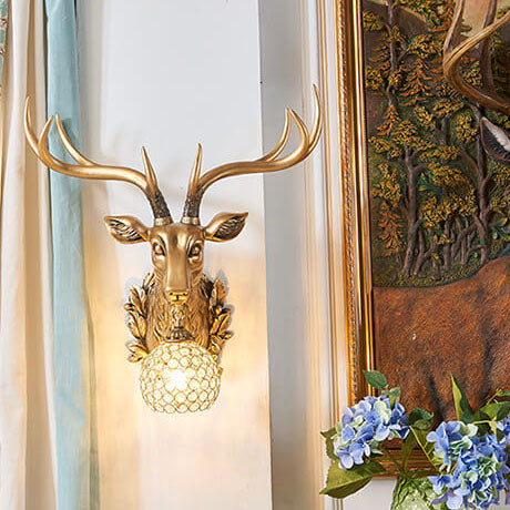 European Retro Deer Head Resin 1-Light Wall Sconce Lamp
