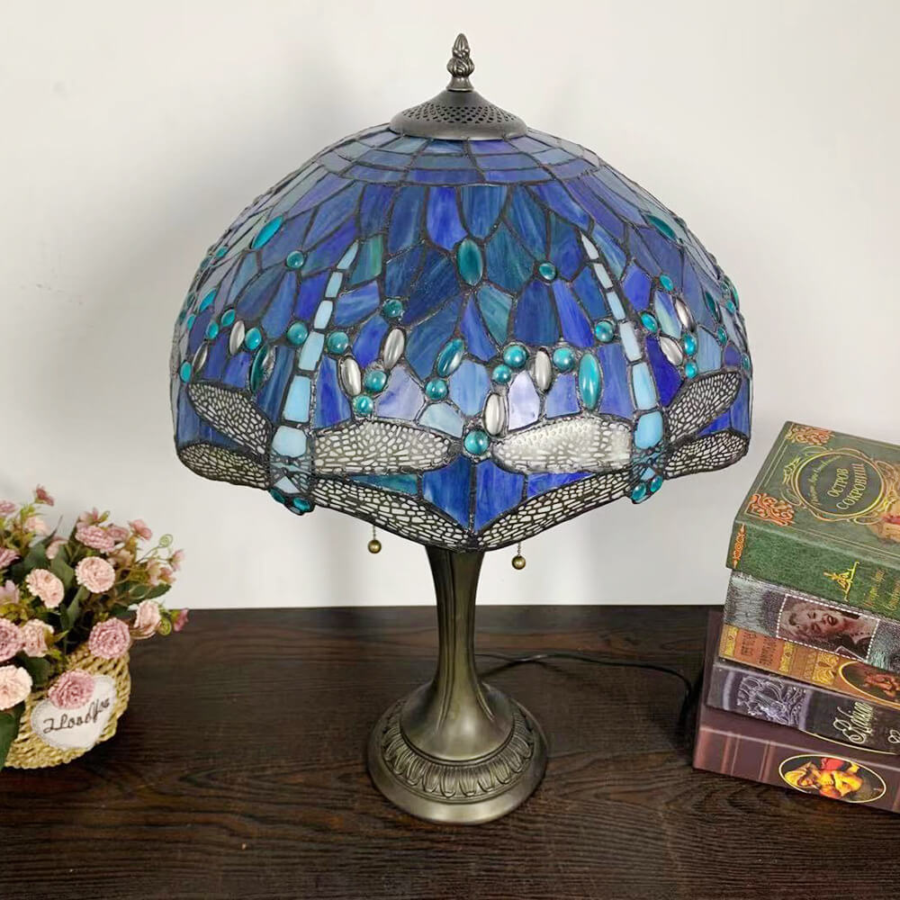 Traditional Tiffany Umbrella Flower Dragonfly Alloy Stained Glass 2-Light Table Lamp For Bedroom
