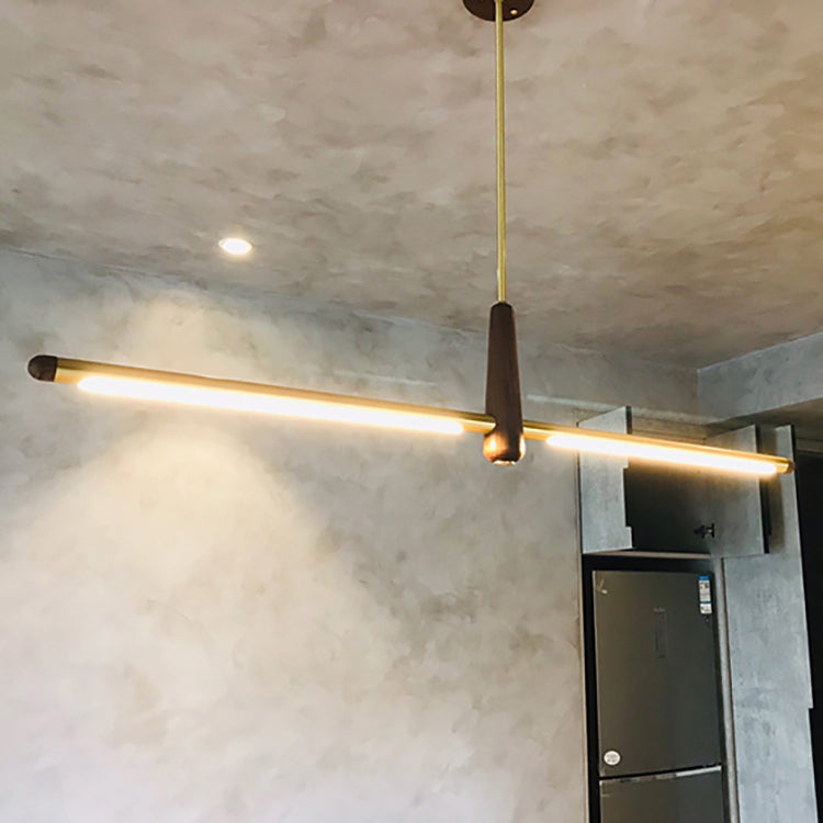 Contemporary Scandinavian Copper Brass Wood Strip LED Kitchen Island Light Chandelier For Dining Room