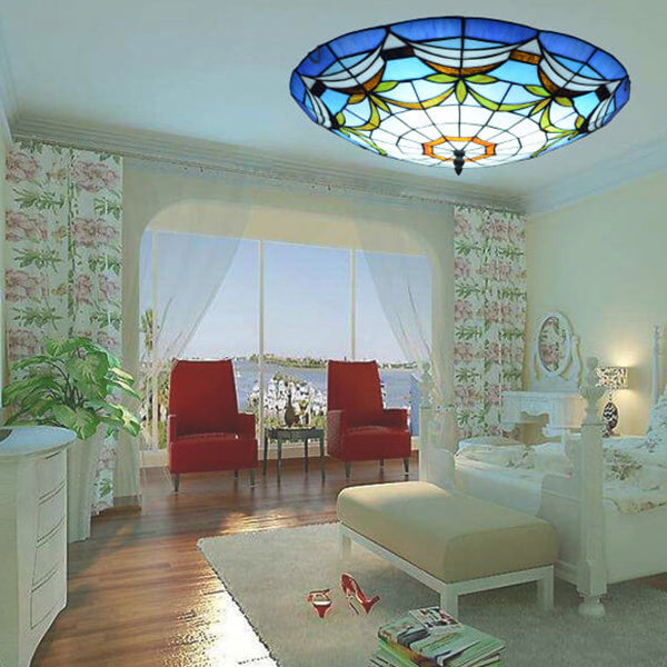 European Stained Glass Tiffany Round Various Pattern Designs 2/3 Light Flush Mount Light