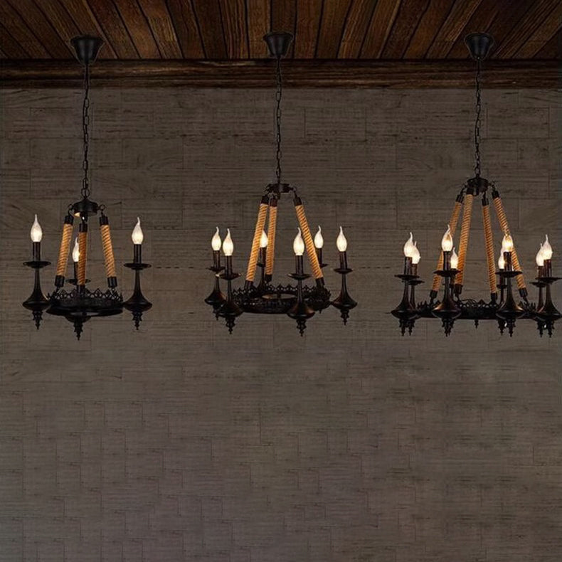 Traditional Vintage Round Candelabra Iron Hemp Rope 3/6/8 Light Chandelier For Living Room