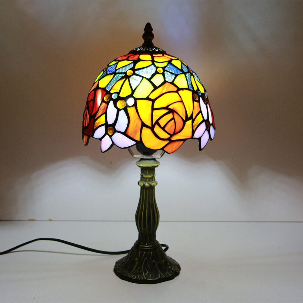 Tiffany Vintage Stained Glass Flower Dome 1-Light Table Lamp
