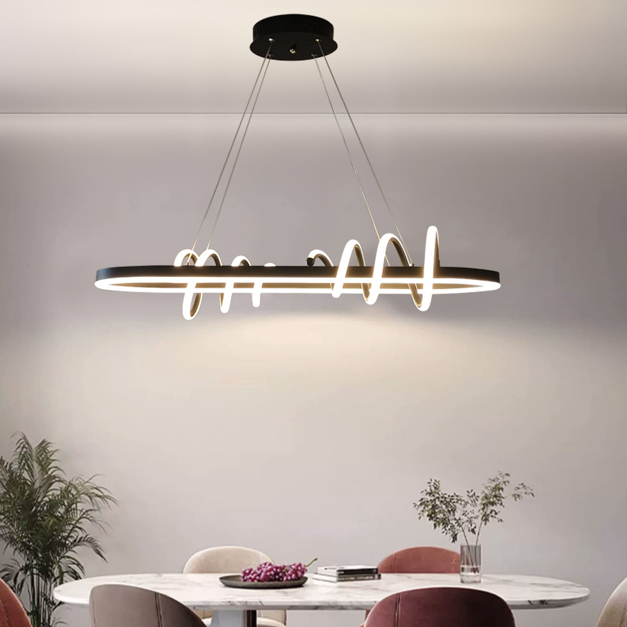 Modern Minimalist Oval Spiral Iron Aluminium Silicone LED Island Light Chandelier For Dining Room