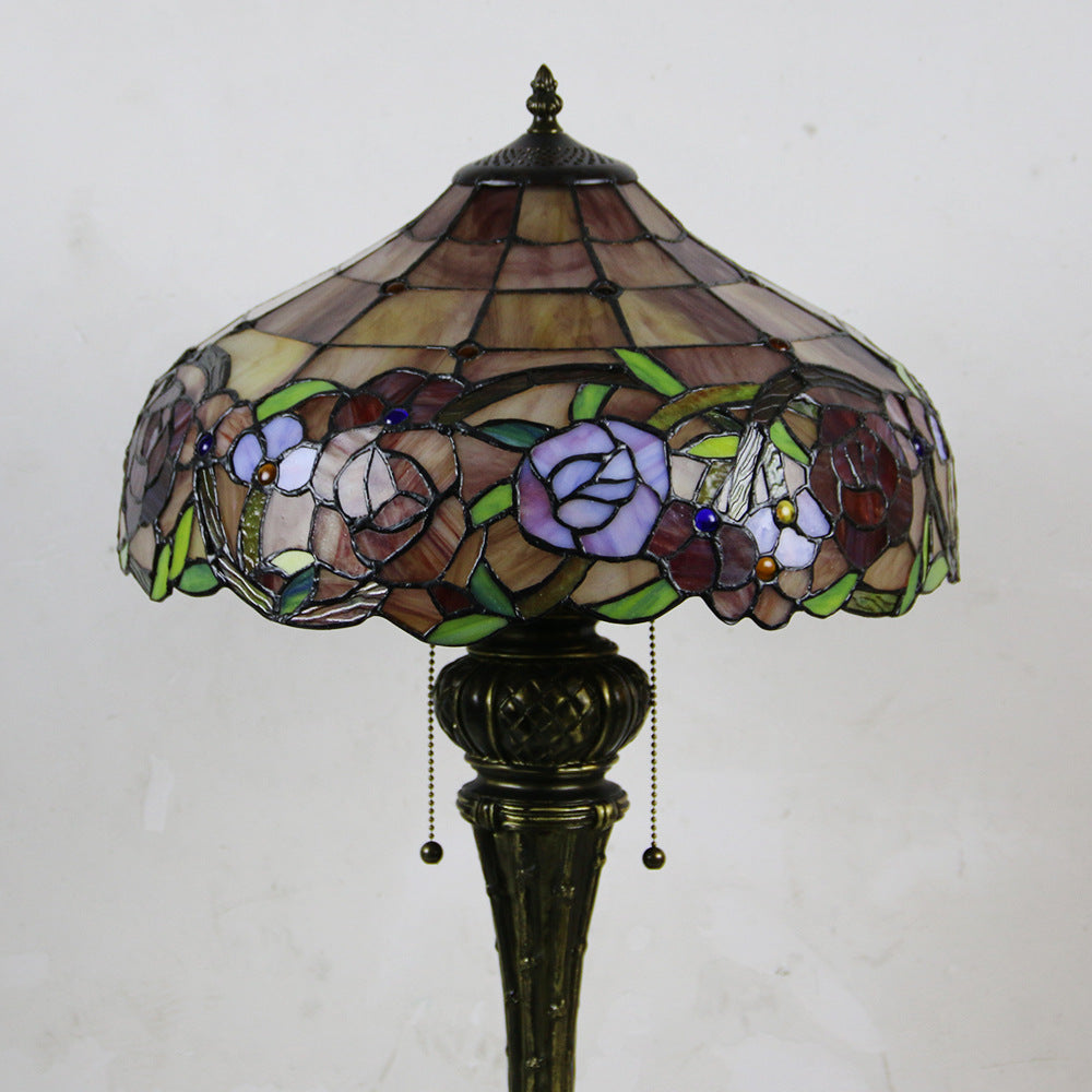 Traditional Tiffany Resin Glass Dome Hemispheric Flower 2-Light Table Lamp For Bedside