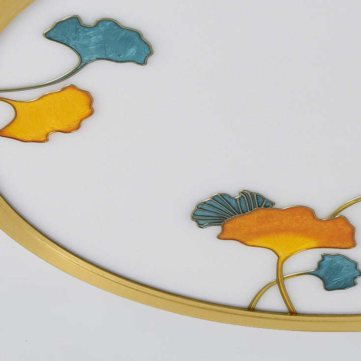 Traditional Chinese Copper Acrylic Round Lotus Bamboo Ginkgo Leaves LED Flush Mount Ceiling Light For Living Room