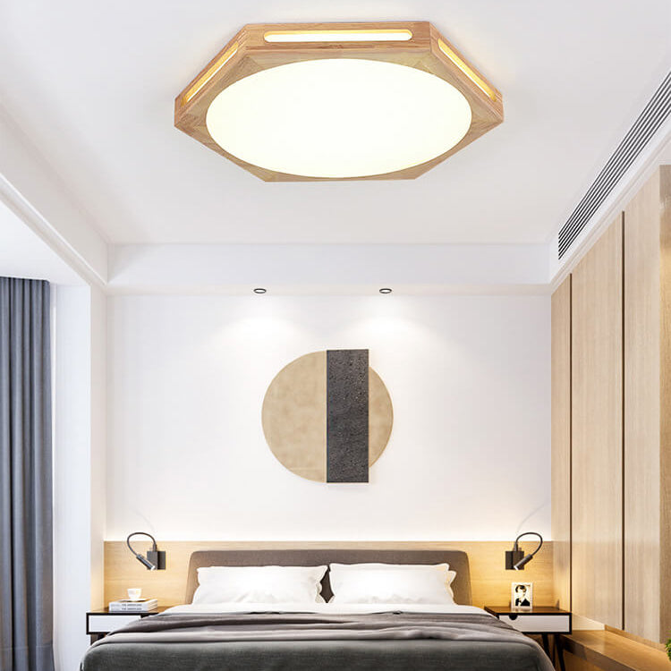 Nordic Minimalist Hexagonal Hollow Rubberwood Acrylic LED Flush Mount Ceiling Light