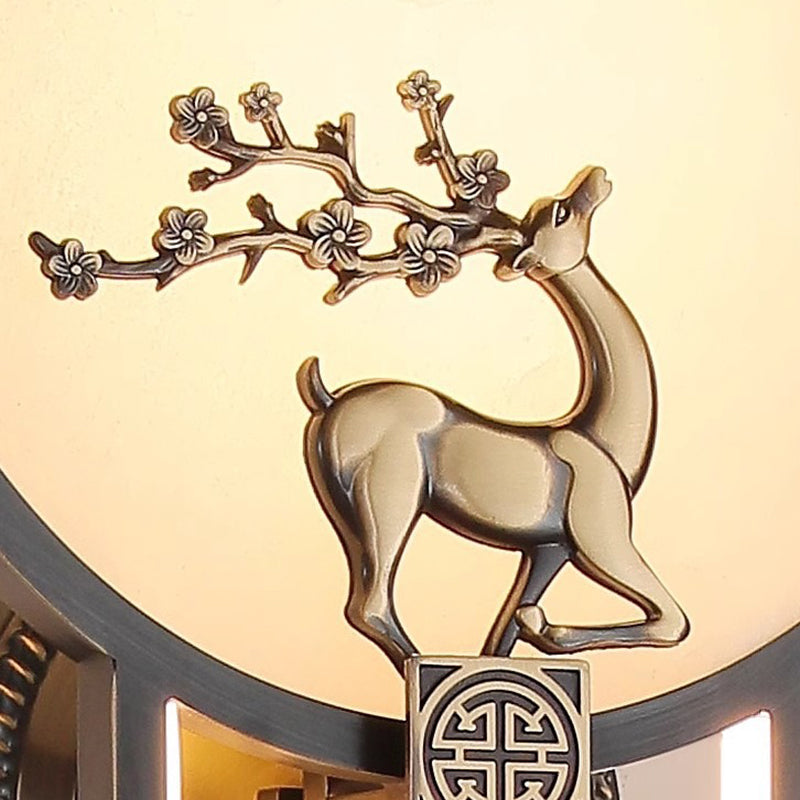 Traditional Chinese Round Deer Marble Copper LED Wall Sconce Lamp For Living Room