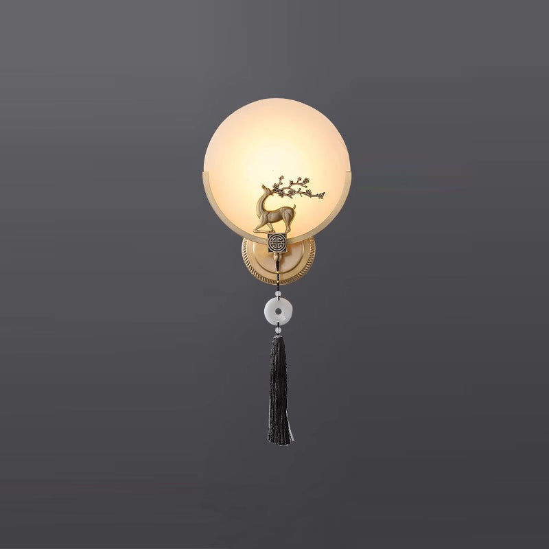 Traditional Chinese Round Deer Marble Copper LED Wall Sconce Lamp For Living Room