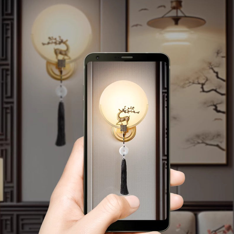 Traditional Chinese Round Deer Marble Copper LED Wall Sconce Lamp For Living Room