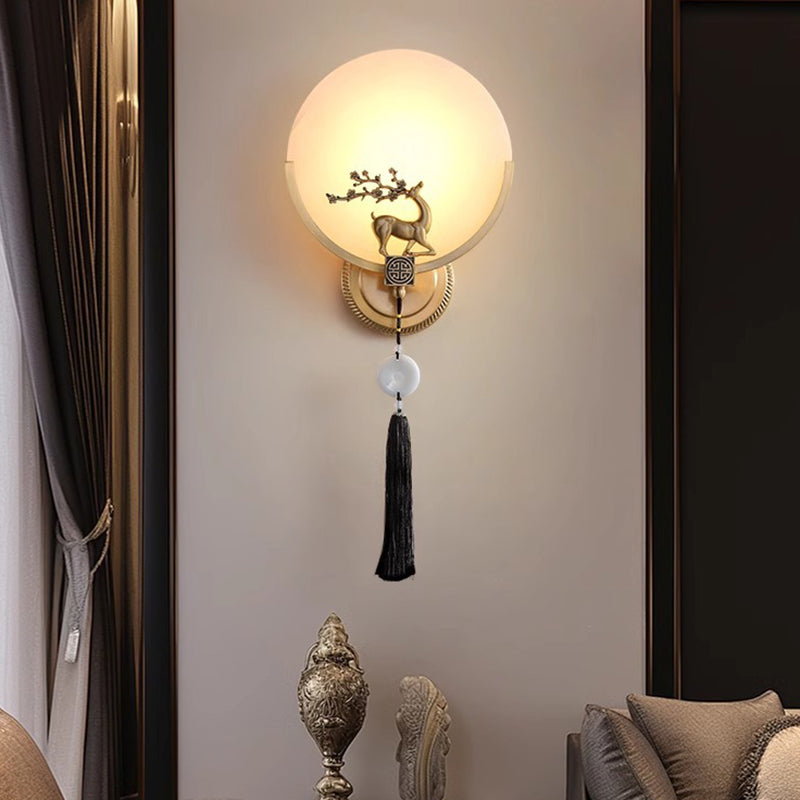 Traditional Chinese Round Deer Marble Copper LED Wall Sconce Lamp For Living Room