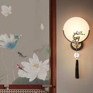 Traditional Chinese Round Deer Marble Copper LED Wall Sconce Lamp For Living Room