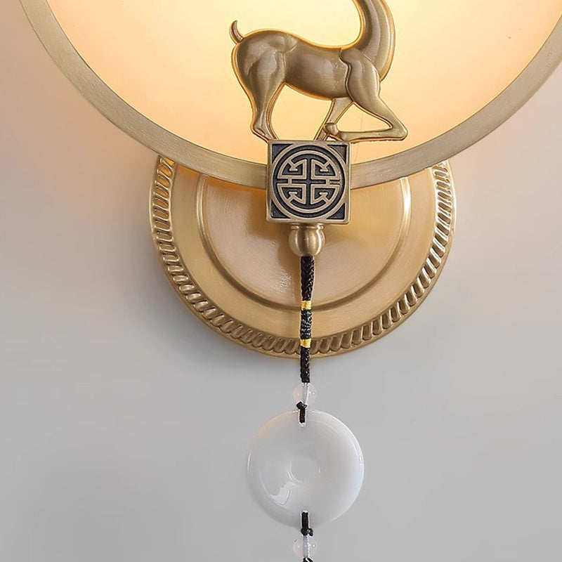 Traditional Chinese Round Deer Marble Copper LED Wall Sconce Lamp For Living Room