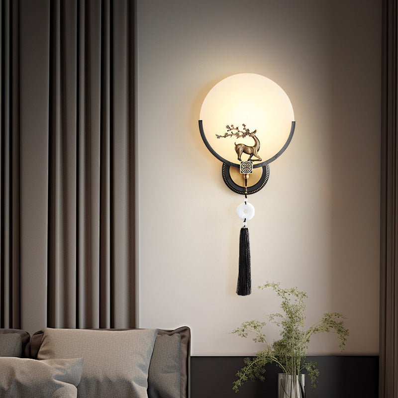 Traditional Chinese Round Deer Marble Copper LED Wall Sconce Lamp For Living Room