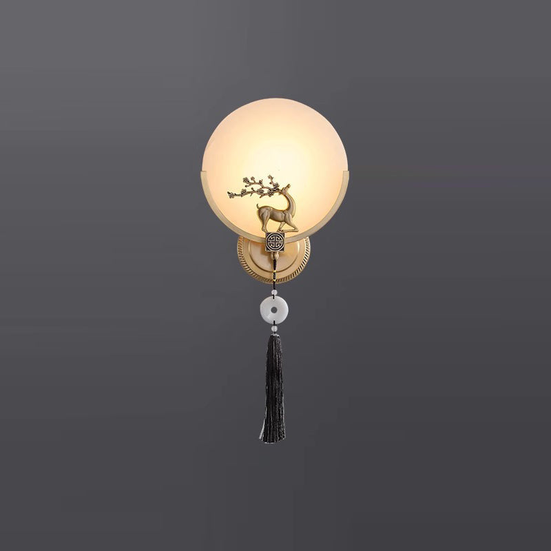 Traditional Chinese Round Deer Marble Copper LED Wall Sconce Lamp For Living Room